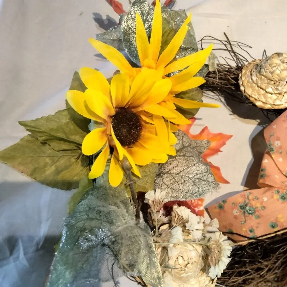 Rustic Fall Grapevine Wreath Sunflower Floral Ribbon Wicker Hat Brown Orange 8 i